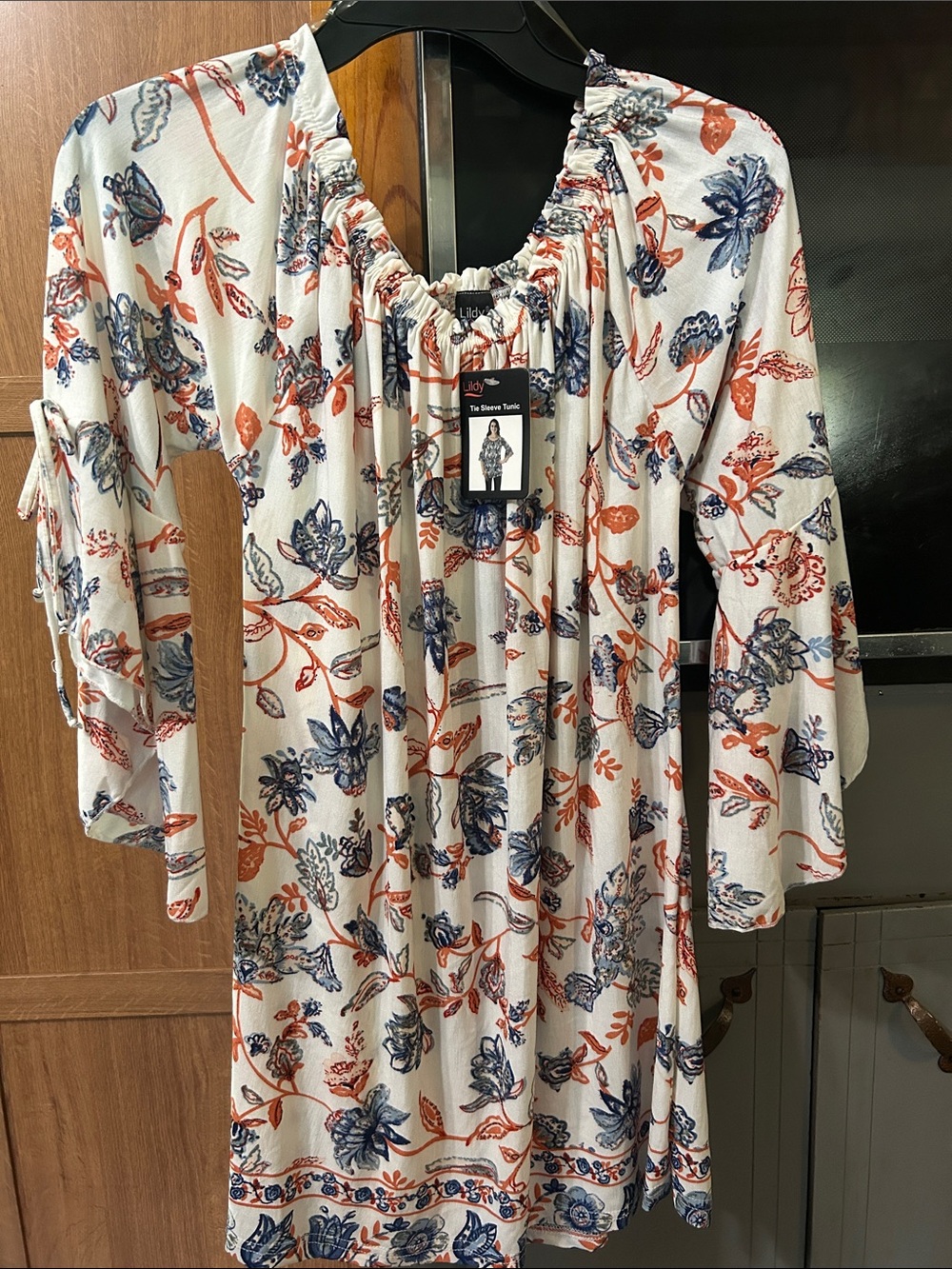 Ladies Floral Off-Shoulder Tunic Dress in White with Blue & Orange Print